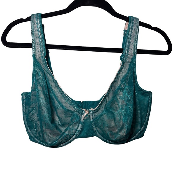 Cacique Modern Lace Covered UL FC Blue (Teal) Lace Pink Underlay Bra 34F - Picture 1 of 9